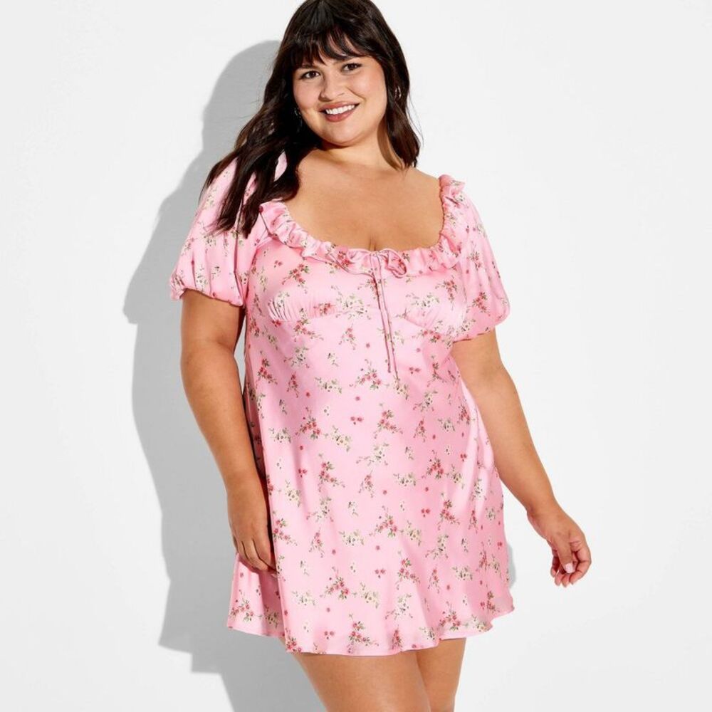 Women's Puff Sleeve Satin Mini Dress - Wild Fable Rose Pink Floral 2X